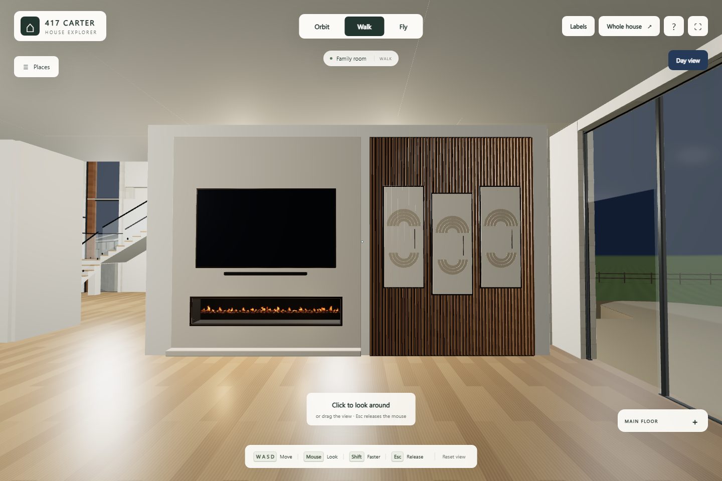 Family room at night in the 3D explorer