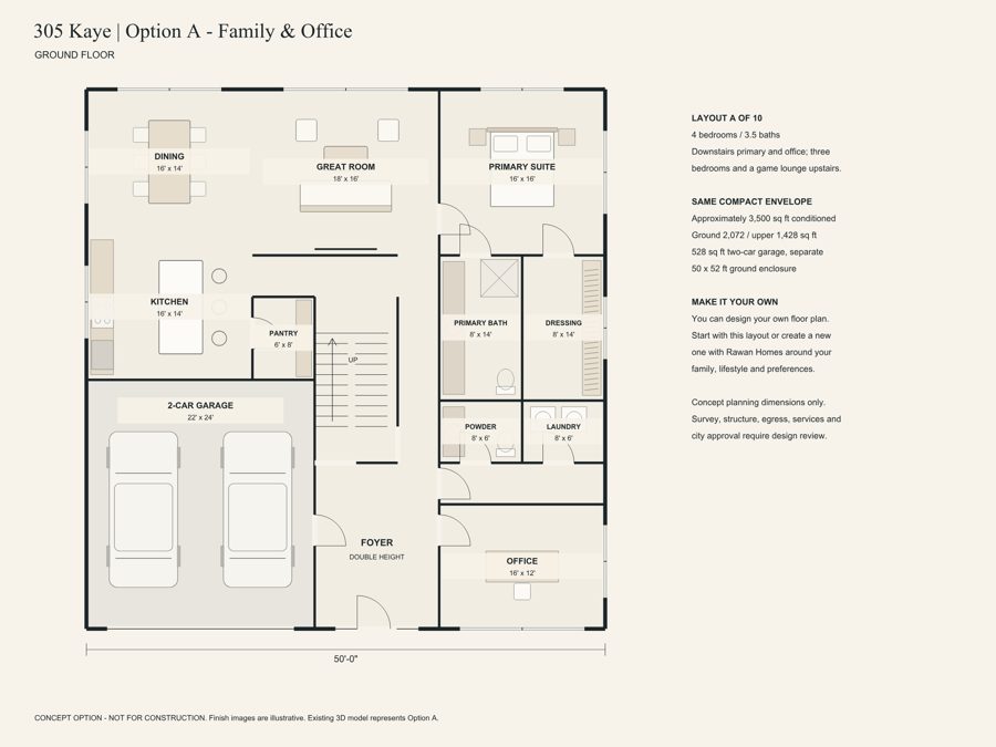 305 Kaye Street — Option A · Family & Office, ground floor (concept)
