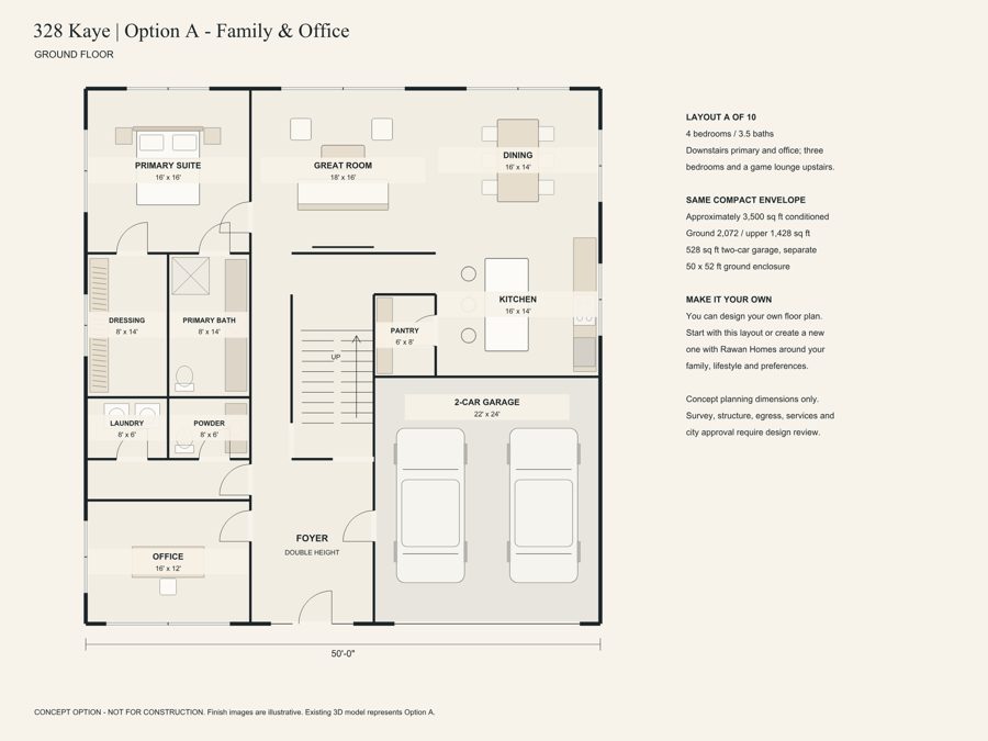 328 Kaye Street — Option A · Family & Office, ground floor (concept)