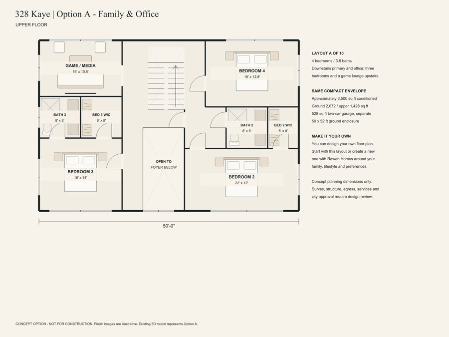328 Kaye Street — Option A · Family & Office, upper floor (concept)