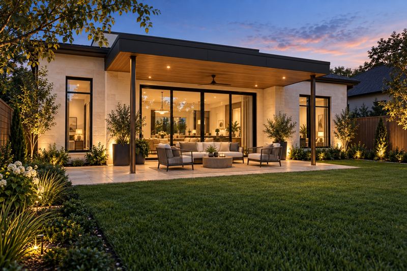 Covered rear terrace at dusk
