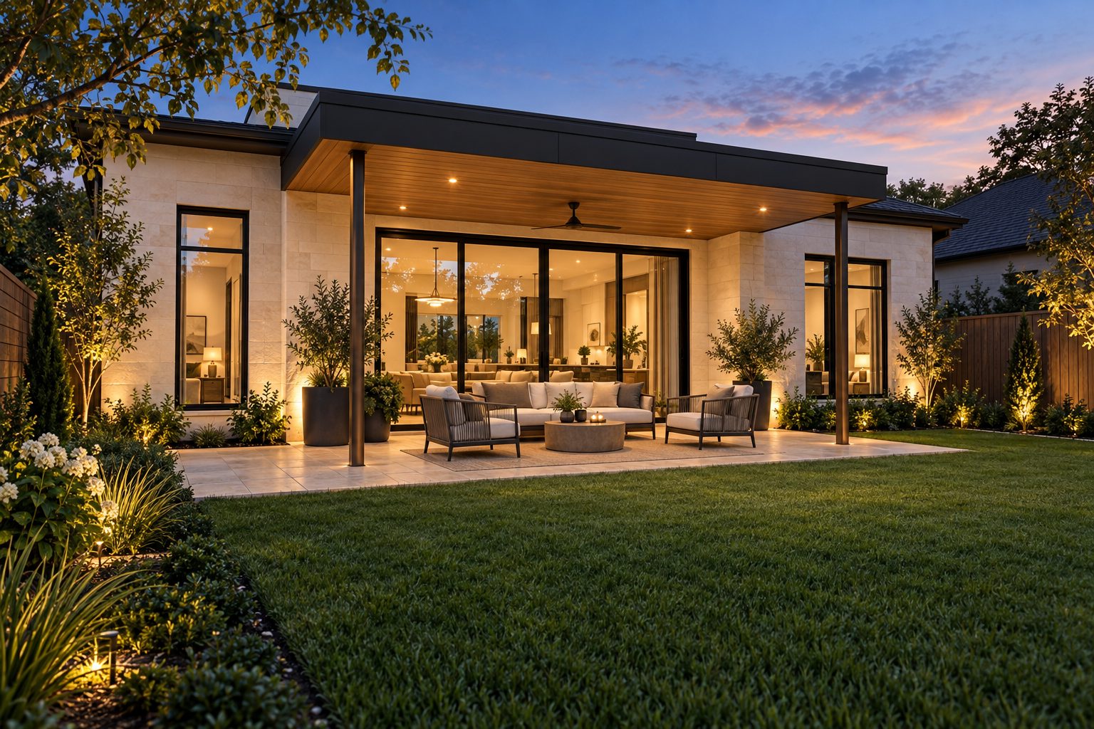 Covered terrace at dusk